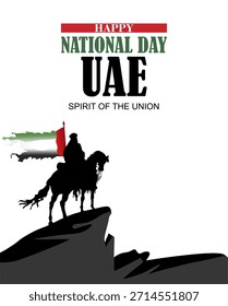 Feliz Día Nacional de los EAU. Ilustración vectorial de un hombre montando un caballo llevando una bandera. Póster, Anuncio, Plantilla de diseño	
