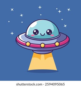 Happy UFO cartoon character flying in the galaxy. Cute and charming alien spaceship with glowing lights and a joyful expression. Perfect vector illustration for sci-fi and space-themed designs