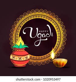 Happy Ugadi 2018, Editable Abstract Vector Illustration based on Ugadi Font on dark floral frame with traditional diya and holy kalash / pot 