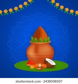 Fondo ugadi feliz con elementos decorativos sobre fondo azul