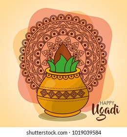 happy ugadi card template with pot coconut mandala