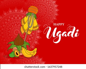 Happy Ugadi Celebration Concept with Traditional Gudhi, Fruits and Worship Pot (Kalash) on Red Mandala Pattern Background.
