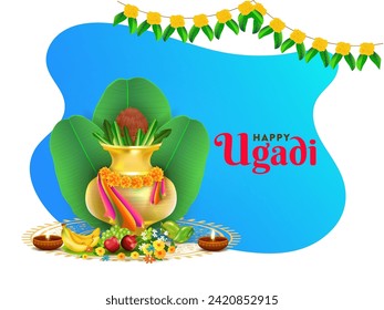 Happy Ugadi Celebration Concept with Worship Pot (Kalash), Banana Leaves, Fruits, Flowers and Illuminated Oil Lamps on Abstract Blue and White Background.