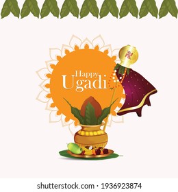 	
Happy ugadi celebration greeting card with creative kalash