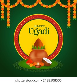 Ilustración feliz de la celebración de ugadi con olla, frutas, flores, lámpara de aceite