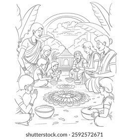 Happy Ugadi, Ugadi celebration illustration, sketch of people celebrating Ugadi at home with their family members.