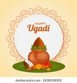 Feliz celebración ugadi ilustración tradicional con olla, frutas, flores, lámpara de aceite