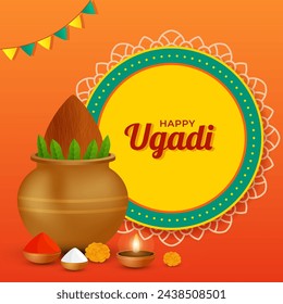 Feliz ugadi celebración deseo de fondo con olla, frutas, flores, lámpara de aceite