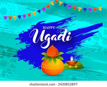 Happy Ugadi Celebration with Worship Pot (Kalash), Banana Leaf, Illuminated Oil Lamp and Blue Brush Effect Floral Pattern Background.