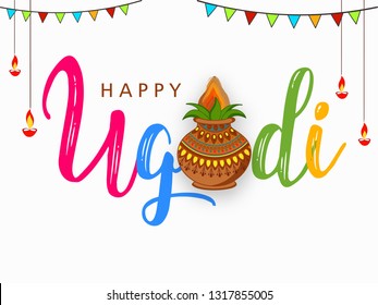Happy Ugadi festival / gudi padwa , Vector Illustration based on Ugadi Font on colorful decorative festival frame best for banner, wallpaper , header and promotions