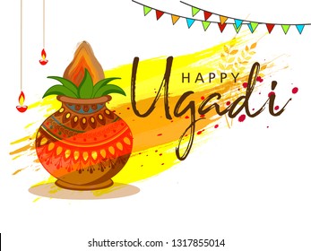 Happy Ugadi festival / gudi padwa , Vector Illustration based on Ugadi Font on colorful decorative festival frame best for banner, wallpaper , header and promotions