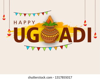 Happy Ugadi festival / gudi padwa , Vector Illustration based on Ugadi Font on colorful decorative festival frame best for banner, wallpaper , header and promotions