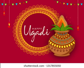 Happy Ugadi festival / gudi padwa , Vector Illustration based on Ugadi Font on colorful decorative festival frame best for banner, wallpaper , header and promotions