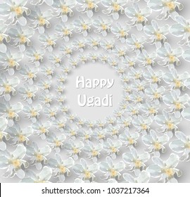 Happy Ugadi Festival. Indian Fest Party celebration. Spring New Year. White background with flowers of the tree Neem. Template with text for creative flyer, banner, greeting card, poster. Vector.