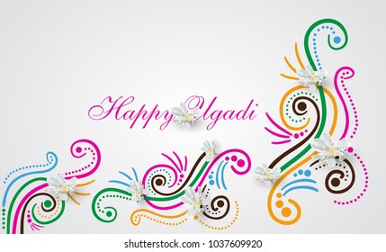 Happy Ugadi Festival. Indian Fest Party celebration. Spring New Year. Colorful background with flowers of the tree Neem. Template with text for creative flyer, banner, greeting card, poster. Vector