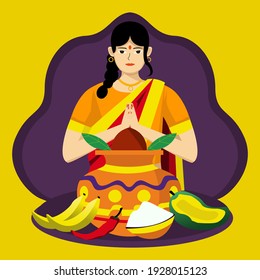 Happy ugadi festival woman with yellow traditional indian clothes. greeting card, background, trendy poster, invitation. Isolated background vector illustration design.