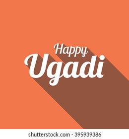 Happy Ugadi in flat style with long shadow on orange background vector