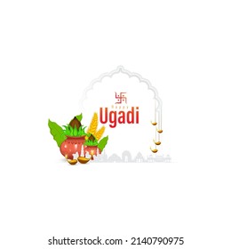 Happy Ugadi Greeting Card Background With Kalash.