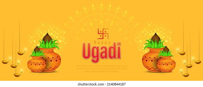 Happy Ugadi Greeting Card Background With Kalash.