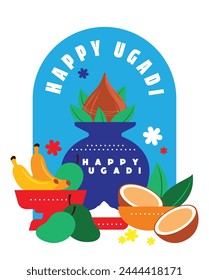 Happy ugadi greeting card with creative kalash and puja thali.