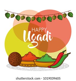 happy ugadi greeting card with decorative spices pepper and coconut
