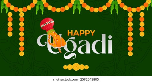 Happy Ugadi Greeting Card Festive Typography Design Indian New Year Vector Illustration