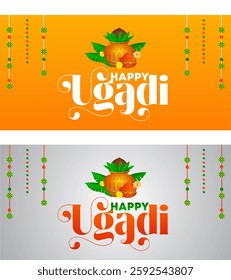 Happy Ugadi Greeting Card Festive Typography Design Indian New Year Vector Illustration