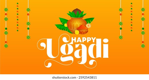 Happy Ugadi Greeting Card Festive Typography Design Indian New Year Vector Illustration