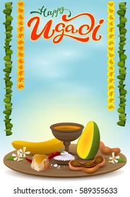 Feliz cartão Ugadi com prato festivo. Pimenta vermelha quente, sal, açúcar mascavo, banana, manga verde, suco de tamarindo, flores de neem. Ilustração em formato vetorial