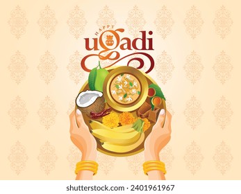 Happy ugadi greeting card. Indian holiday. Close up of a South Indian woman holding traditional Ugadi Pachadi and some fruits and flowers in a tray. 