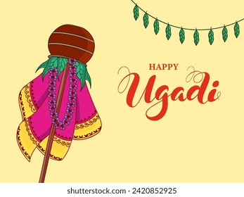 Happy Ugadi Greeting Card or Poster Design with Illustration of Gudhi and Toran (Mango Leaves garland) Decorated Pastel Yellow Background.