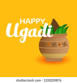 Happy ugadi greeting card text.  Font on colorful decorative background with floral rangoli and holy kalash / pot. Indian holiday traditional food in pot.
