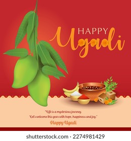 Happy Ugadi greeting with fresh Mango. Ugadi the South Indian festival. The Hindu new year. Ugadi celebrated as Gudi Padwa in Maharashtra.