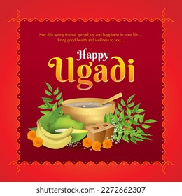 Happy Ugadi Greeting Template con motivos tradicionales. Ugadi El año nuevo hindú. Festival popular del sur de India en el sur de India. también se celebra como Gudi padwa en Maharashtra.