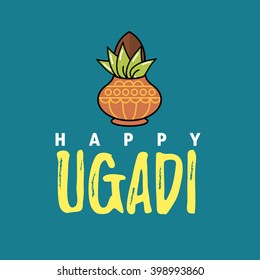 Happy Ugadi and Gudi Padwa Hindu New Year flat thin line template. Modern minimal linear vector illustration with Indian temple, copper pot, mango leaves, flower garland, bamboo stick, design elements