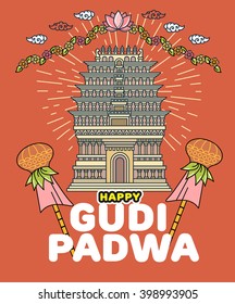 Happy Ugadi and Gudi Padwa Hindu New Year flat thin line template. Modern minimal linear vector illustration with Indian temple, copper pot, mango leaves, flower garland, bamboo stick, design elements