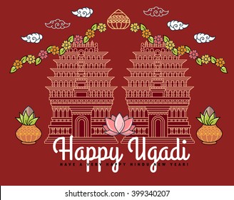 Happy Ugadi and Gudi Padwa Hindu New Year flat thin line template. Modern minimal linear vector illustration with Indian temple, copper pot, mango leaves, flower garland, bamboo stick, design elements
