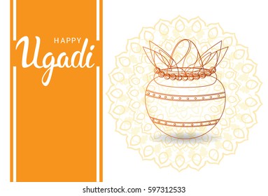 Happy Ugadi and Gudi Padwa Hindu New Year Greeting Card Holiday Pot With Coconut Flat Vector Illustration