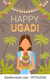Happy Ugadi and Gudi Padwa Hindu New Year Greeting Card Holiday Flat Vector Illustration