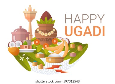 Happy Ugadi and Gudi Padwa Hindu New Year Greeting Card Holiday Flat Vector Illustration