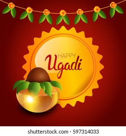 Happy Ugadi and Gudi Padwa Hindu New Year Greeting Card Holiday Pot With Coconut Flat Vector Illustration