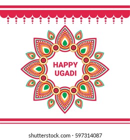 Happy Ugadi Gudi Padwa Hindu New Year Greeting Card Holiday Flat Vector Illustration