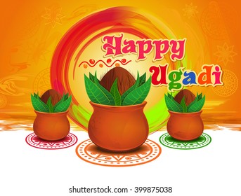 Happy Ugadi and Gudi Padwa. New Year's Day for the people of the Deccan region of India. Vector illustration with mandala, rangoli and Kalash on grungy colorful background