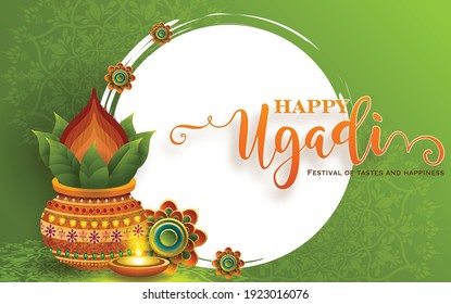 Happy ugadi gudi padwa vector illustration based on ugadi font text on colorful decorative festival frame best for banner wallpaper header with gold diya patterned on paper color background.