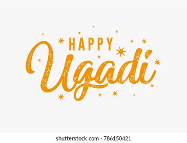 Happy Ugadi handwritten lettering. New Year's Day of Hindu calendar. Modern vector hand drawn calligraphy for poster, banner, postcard, invitation or greeting card