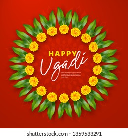 Happy Ugadi holiday composition - Hindu New Year festival. Wreath decorated flowers with mango leaves. Red rangoli background. Vector illustration.