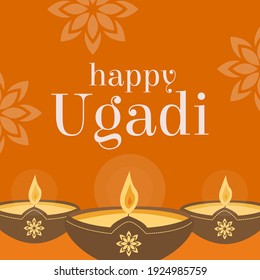 Happy Ugadi Holiday Kannada Translation Happy Lunar New Year. South India Festival. An offering of diya oil lamp on bright orange background with flower silhouette. Traditional Indian festival. Vector