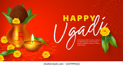 Happy Ugadi holiday poster or babber - Hindu New Year festival. Decorated Kalash with coconut, flowers, mango leaves and diya. Red rangoli background. Vector illustration.