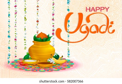 Happy Ugadi, holiday set, template, greeting card,.. Gold pot, coconut, flowers of Neem tree,mangoes, tamarind, pepper,sugar water, bananas, salts.. Handdrawn vector illustration. Samvatsaradi, Yugadi