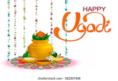 Happy Ugadi, holiday set, template, greeting card,.. Gold pot, coconut, flowers of Neem tree,mangoes, tamarind, pepper,sugar water, bananas, salts.. Handdrawn vector illustration. Samvatsaradi, Yugadi